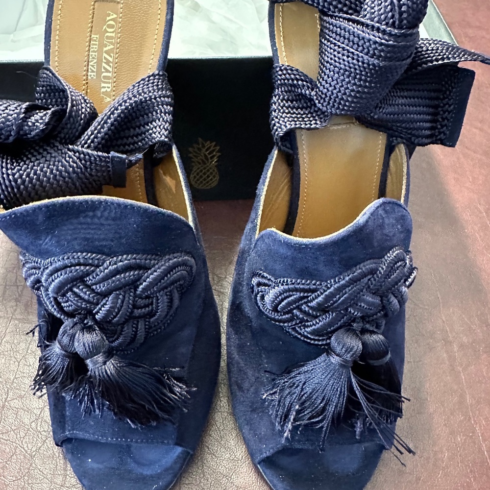 Aquazzura Navy Suede Tassel Knot Mules
